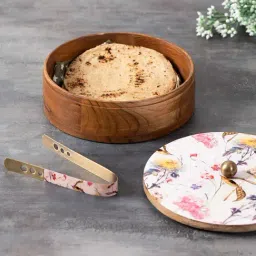 Nestroots White Wooden Casserole Box Chapati Box Food Warmer hotpot roti Box with Printed lid & Tong-6