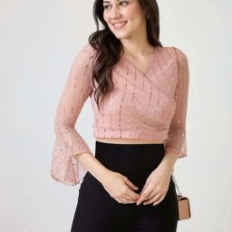 Globus Women Pink V-Neck Flared Sleeves Embellished Sheen Waist Tie-Up Party Crop Top-image-2