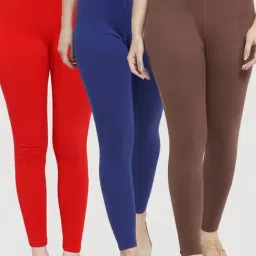 Gracit Red & Blue Mid Rise Leggings - Pack Of 3-image-12