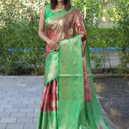 Blissta Peach & Green Silk Woven Saree With Unstitched Blouse-picture-35