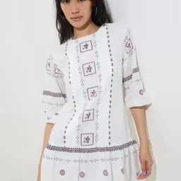 Bombay Paisley by Westside White Embroidered Drop-Waist Cotton Dress-image-48