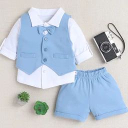 Bumzee Blue Cotton SolidShirt Set for Boys-image-3