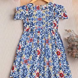 Bella Moda Girls Blue Cotton Floral Casual Dresses-image-16