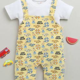 Bumzee Yellow Cotton PrintedT-Shirt With Dungaree for Boys-image-58