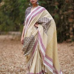 Chidiyaa Off White Pure Cotton Blockprint Saree-image-36