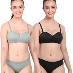 AROUSY Green & Black Cotton Bra Panty Set - Pack Of 2-image-84