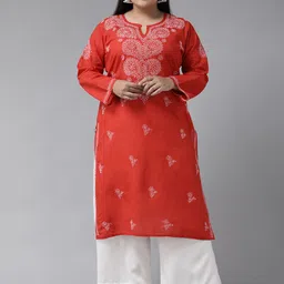 ADA Women Plus Size Red & White Ethnic Motifs Pure Cotton Chikankari Embroidered Kurta-image-64