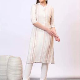 Aurelia Women's Beige Striped Rayon Flax Straight Kurta-picture-28