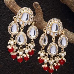 Zeneme Gold Plated Kundan & Red Pearls Studded Round Mirror Dangler Earrings-1