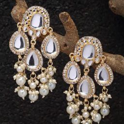 Zeneme Gold Plated Kundan & White Pearls Studded Round Mirror Dangler Earrings-image-57
