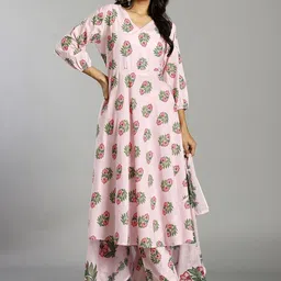 Yufta Floral Printed Pure Cotton Maternity V-Neck A-Line Kurta With Trousers & Dupatta-picture-32