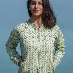 Okhai Melancholy Pista Green Pure Cotton Hand Embroidered Bomber Jacket-picture-13