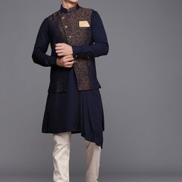 Manyavar Men Navy Blue Solid Pleated Kurta with Pyjamas Printed Nehru Jacket-picture-5