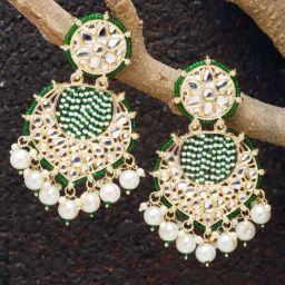 Zeneme Gold Plated Kundan & Green Pearls Studded Round Mirror Dangler Earrings-36
