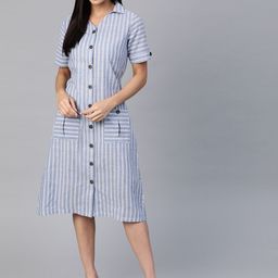 Cottinfab Blue & White Striped Pure Cotton Shirt Dress-image-47