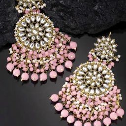 Peora Gold-Plated Kundan Beads Pink Long Dangler Earrings-18