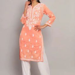 PARAMOUNT CHIKAN Peach Cotton Hand Embroidered Chikankari Straight Kurta-picture-13