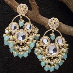 Zeneme Gold Plated Kundan & Sea Green Pearls Studded Round Mirror Dangler Earrings-45