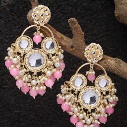 Zeneme Gold Plated Kundan & Pink Pearls Studded Round Mirror Dangler Earrings-9