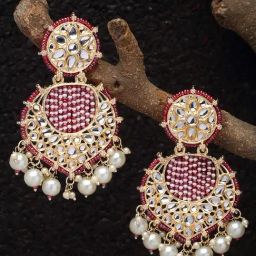 Zeneme Gold Plated Kundan & Pink Pearls Studded Round Mirror Dangler Earrings-36