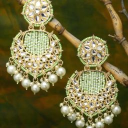 Zeneme Gold Plated Kundan & Sea Green Pearls Studded Round Mirror Dangler Earrings-37