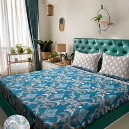 Arrabi Beige & Pink Floral 300 TC King Bedsheet with 2 Pillow Covers-75