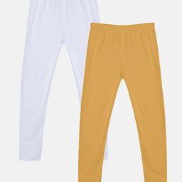 Kiddopanti Pack Of 2 Solid Leggings - White & Skin-image-81