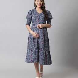 Moms Maternity Half Sleeves Seamless Floral Swirl Printed Maternity Dress With Concealed Zipper Nursing Access - Blue-image-43