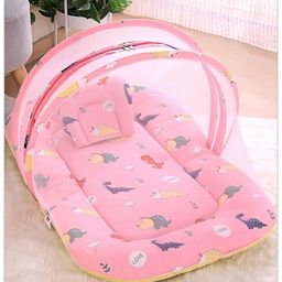 Babyhug Cotton Bedding Set with Mosquito Net Dino Print- Light Pink-8