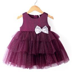Babyhug Sleeveless Party Wear Fit and Flare Frock with Bow - Maroon-picture-13