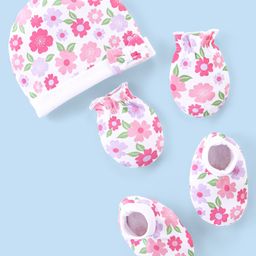 Babyhug 100% Cotton Knit Cap Mittens And Booties Floral Print - Multicolor-image-45