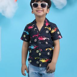 Polka Tots Half Sleeves Vehicles Printed Shirt - Black-image-82