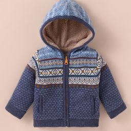 Yellow Apple Viscose Knitted Full Sleeves Hooded Front Open Sweater with Design - Navy Blue-image-75