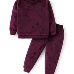 Babyhug Velour Woven Full Sleeves Winter Wear Co-Ord Suit With Stars Print - Wine-image-21