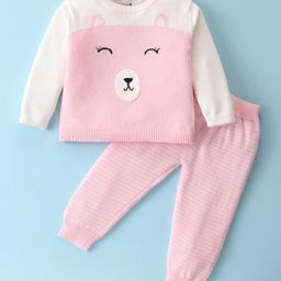 ToffyHouse Cotton Sweater Knit Full Sleeves Winter Wear Set With Stripes & Animal Design - Light Pink-image-28