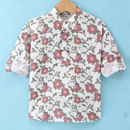 Dapper Dudes Full Sleeves Floral Printed Kurta Style Shirt - Off White-image-34