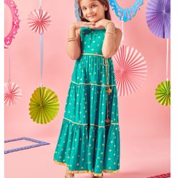 MASTARANG Sleeveless Ethnic Foil Printed & Lace Embellished Gown - Teal Blue-image-56