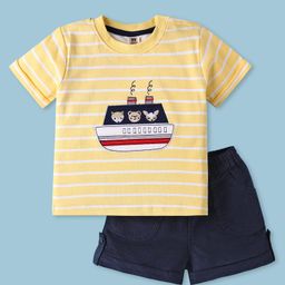 ToffyHouse Cotton Knit Half Sleeves Striped T-Shirt & Shorts Set With Ship Patch - Yellow & Navy Blue-image-93