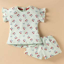 ToffyHouse Knitted Half Sleeves Co-Ord Top & Shorts Set With Cherry Print - Light Green-picture-45