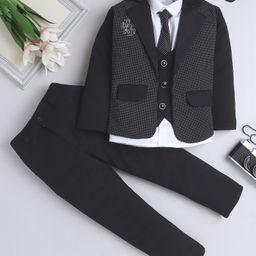 Fourfolds Cotton Blend Full Sleeves Polka Dots Printed 3 Piece Part Suit Set - Black-image-40
