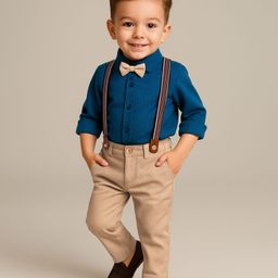 Babyhug Knit Full Sleeves Solid Color Party Shirt & Trouser Set with Suspendor & Bow - Blue & Beige-image-15