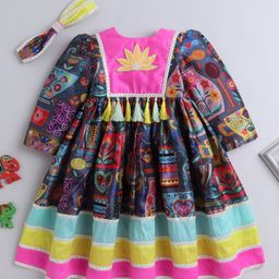 TINY MINY MEE Silk Full Puffed Sleeves Floral Printed Mirror Work & Tessels Embellished Dress With Headband - Multi Colour-image-48