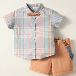 ToffyHouse Poplin Woven Half Sleeves Checks Shirt & Shorts With Bow & Suspender - Orange-picture-24