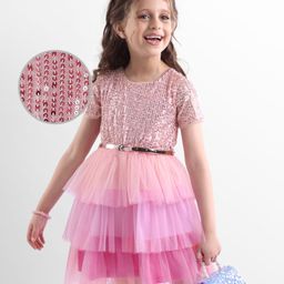 Hola Bonita Knit Half Sleeves Glitter Mesh Party Dress With Sequin Detailing & Belt - Pink-image-37