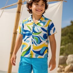 Ollington St. Cotton Single Jersey Knit Half Sleeves Shirt & Shorts with Abstract Print - Multicolor & Blue-picture-30