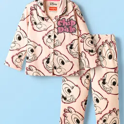 Babyhug Disney 100% Cotton Full Sleeves Front Open Co-Ords Night Suit With Chip 'N Dale Print - Pink-picture-17
