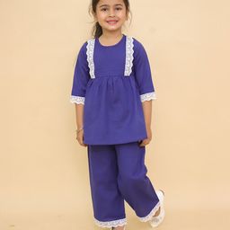 Little Ginnie Cotton Woven Three Fourth Sleeves Floral Embroidered Lace Detailed Kurta Pant Set - Blue-image-99