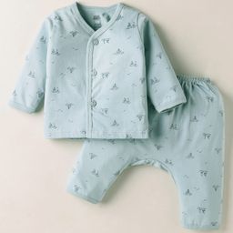 Pink Rabbit Single Jersey Knit Full Sleeves Front Open Co-Ord Night Suit With Boat Print - Light Blue-image-97