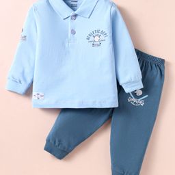 CUCUMBER Sinker Knit Full Sleeves Polo T-Shirt & Lounge Pant Set with Sport Print - Light Blue-image-85
