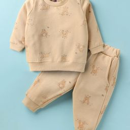 Zero Fleece Knit Full Sleeves Bear Printed Winter Co-Ord Night Suit - Cream-picture-11